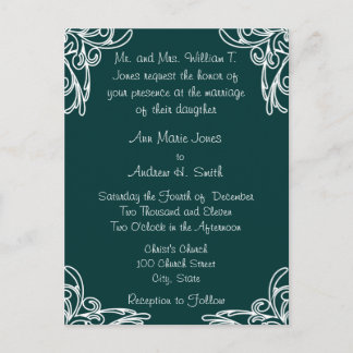 Wedding Invitation White Corners Swirls on SeaBlue Postcard