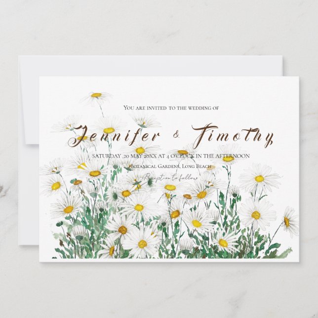 Wedding invitation white daisy ink and watercolor  (Front)