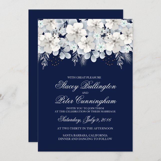 Wedding invitation white flower sakura navy blue (Front/Back)