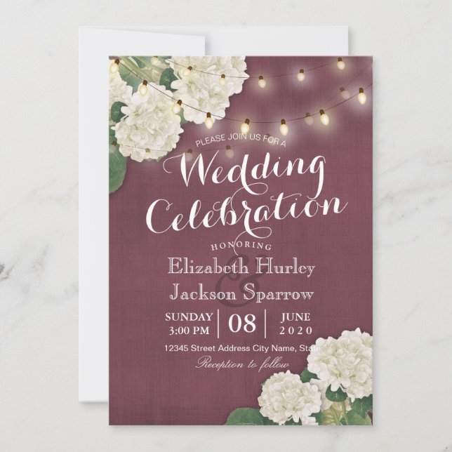 wedding invitation White Hydrangeas String Lights (Front)