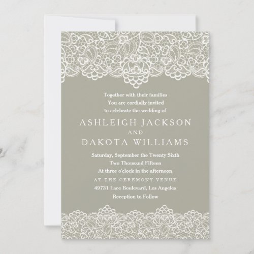 Wedding Invitation  White Lace on Olive Green