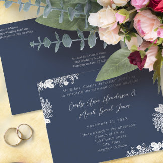 Wedding Invitation White On Midnight Blue Vintage Postcard