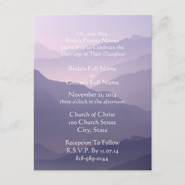 Wedding Invitation White On Misty Purple Postcard (Front)