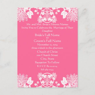 Wedding Invitation White On Pink Vintage Flowers Postcard