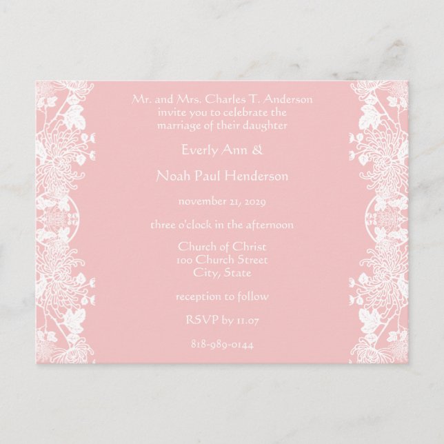 Wedding Invitation White On Pink Vintage Flowers Postcard (Front)