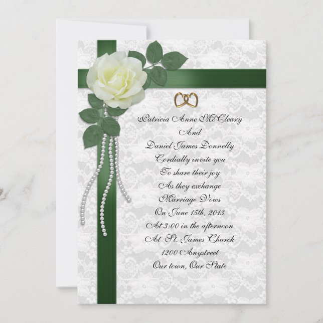 Wedding Invitation  white rose, green ribbons (Front)