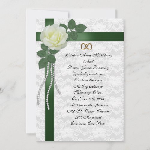 Wedding Invitation  white rose, green ribbons
