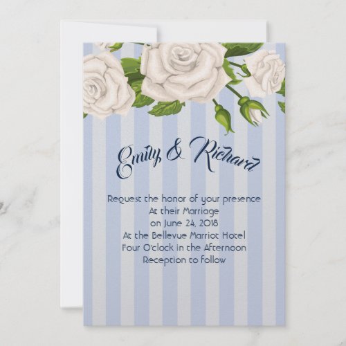 Wedding Invitation_White Roses on Blue Stripes Inv Invitation