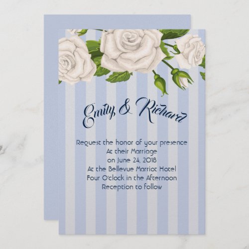 Wedding Invitation_White Roses on Blue Stripes Invitation