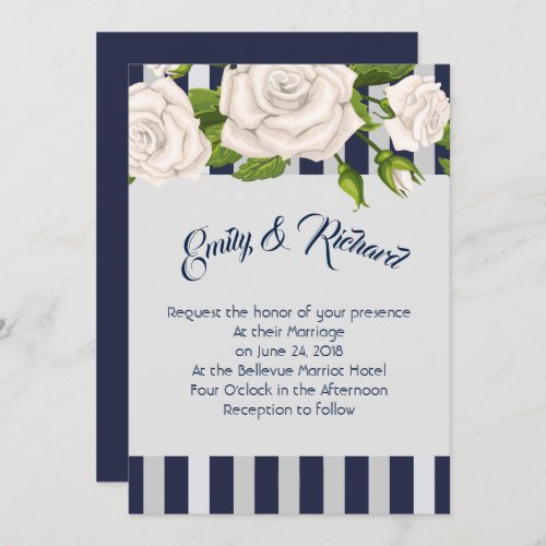 Wedding Invitation_White Roses on Blue Stripes Invitation