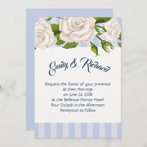 Wedding Invitation_White Roses on Blue Stripes Invitation