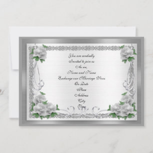 Wedding invitation white roses on silver satin