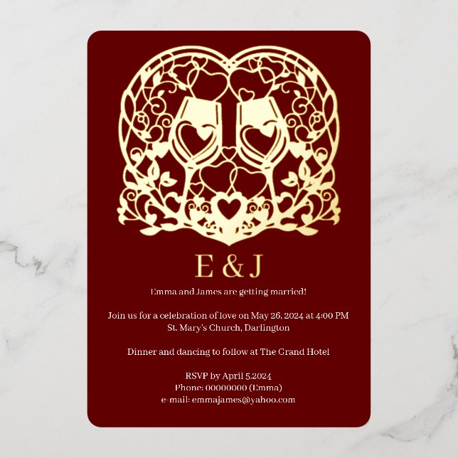 Wedding invitation, wine glasses, hearts foil invitation (Front)