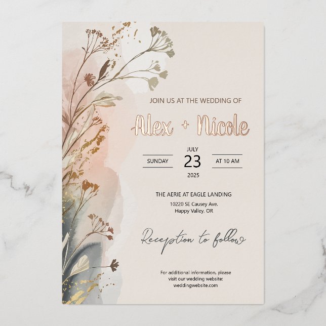 Wedding Invitation - Wispy Flowers Foil Invitation (Front)