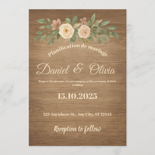 Wedding invitation with a wooden background (Front)