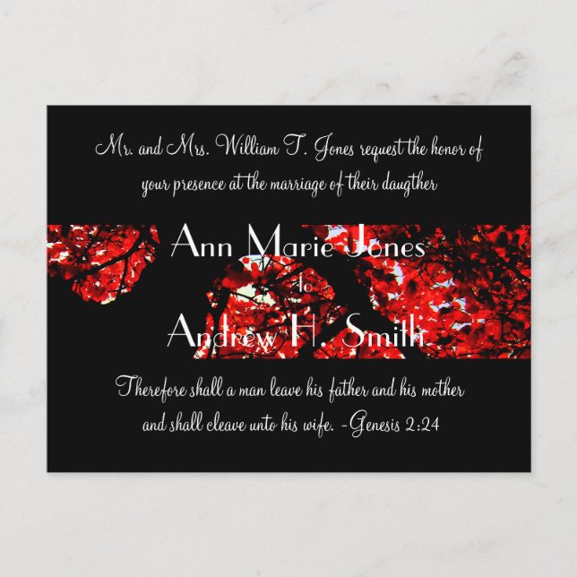 Wedding Invitation with Black With Red Leafed Tree Postcard (Front)