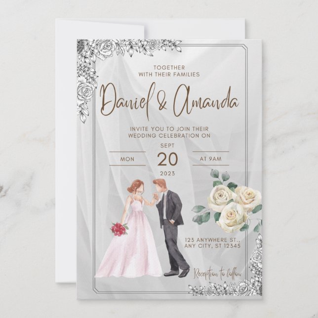 wedding invitation with couple graphic and roses (Front)