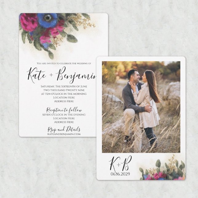 Wedding Invitation with Dark Pink & Blue Flowers (Creator Uploaded)