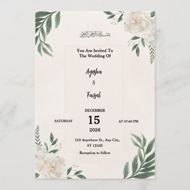 Wedding Invitation with Elegant Greenery and White (Front)