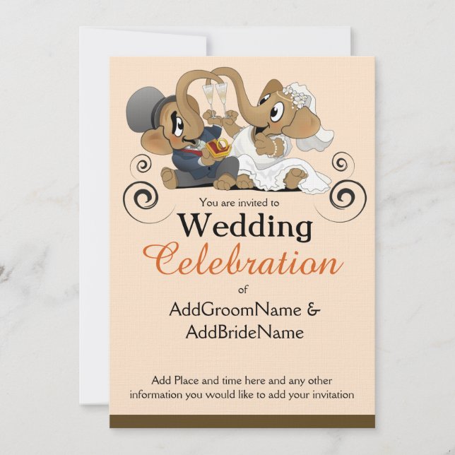 Wedding invitation with elephant artwork (Front)