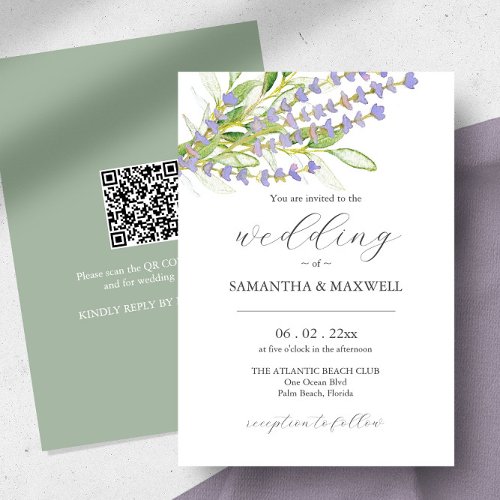 Wedding Invitation with QR Code Botanical Lavender