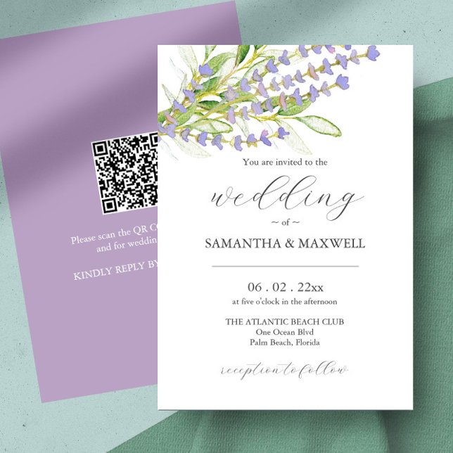 Wedding Invitation with QR Code Botanical Lavender (Eco friendly wedding invitation QR code features watercolor lavender art by Victoria Grigaliunas)