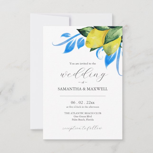 Wedding Invitation with QR Code Botanical Lemon (Front)