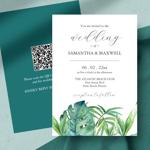 Wedding Invitation with QR Code Tropical Leaves