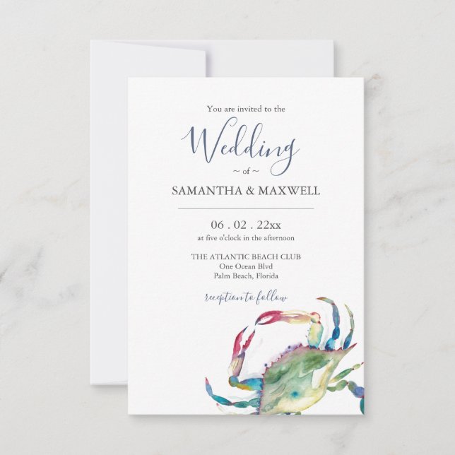 Wedding Invitation with QR Code Watercolor Crab (Front)