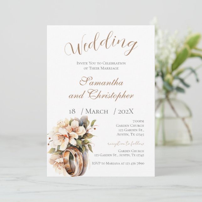 Wedding invitation with rings and white flowers (Standing Front)
