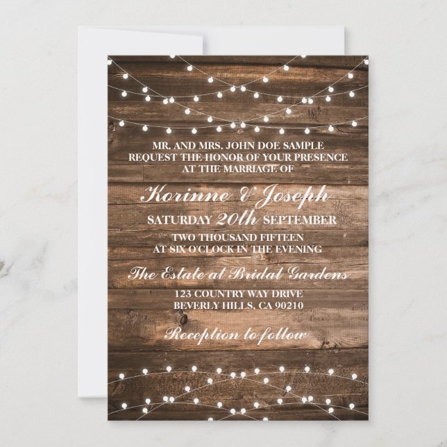 Wedding Invitation Wood and string lights (Front)