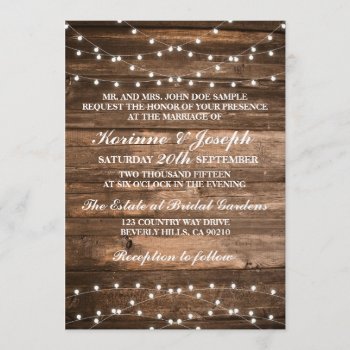 Wedding Invitation Wood And String Lights by PixieToesInvitations at Zazzle
