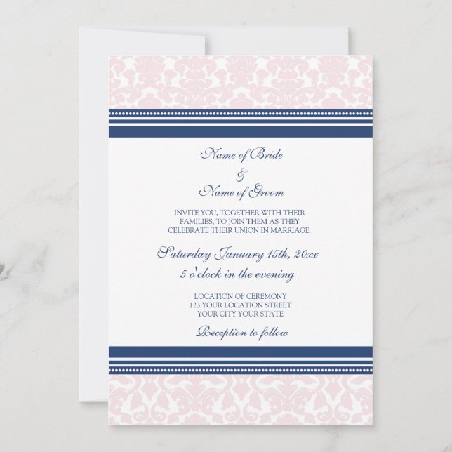 Wedding Invitations Blue Blush White Damask (Back)