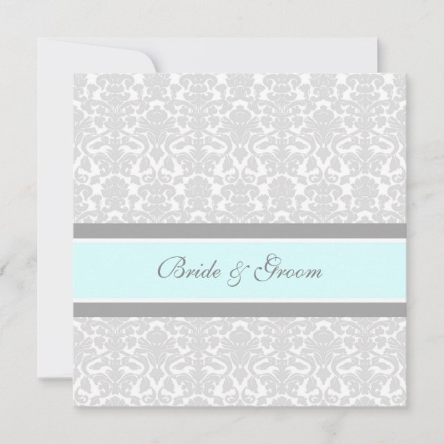 Wedding Invitations Blue Gray White Damask (Front)