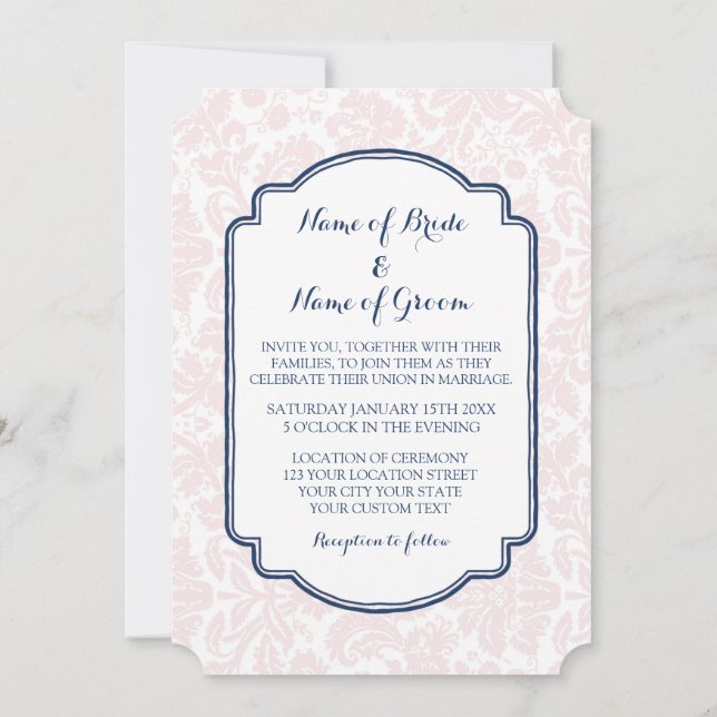 Wedding Invitations Blush Navy Blue Damask (Back)