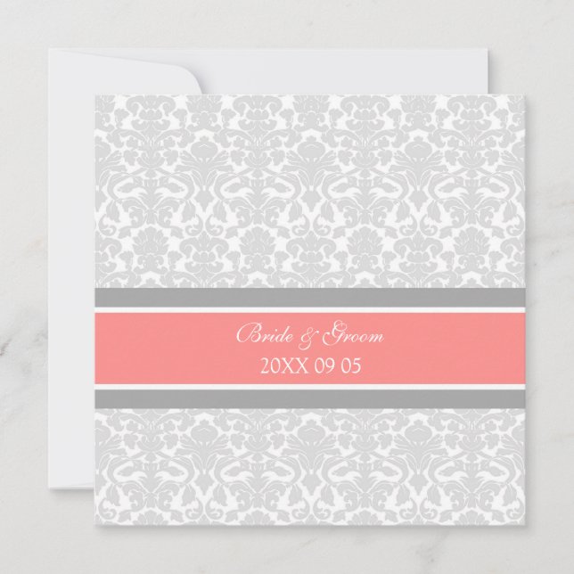 Wedding Invitations Coral Gray White Damask (Front)
