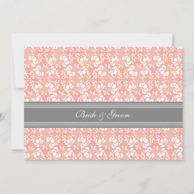 Wedding Invitations Coral Gray White Damask (Front)