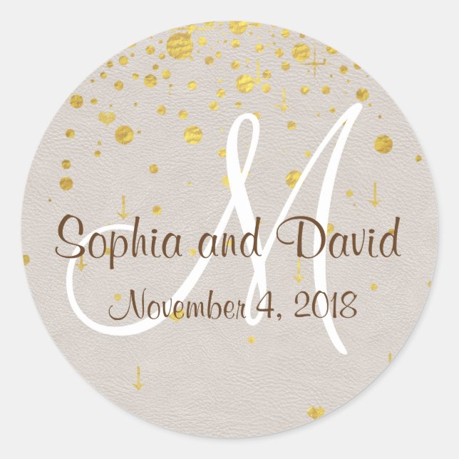 Wedding Invitations | Gold Confetti Monogram Classic Round Sticker (Front)