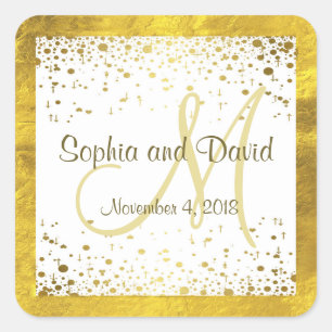Wedding Invitations Gold Confetti Monogram Square Sticker