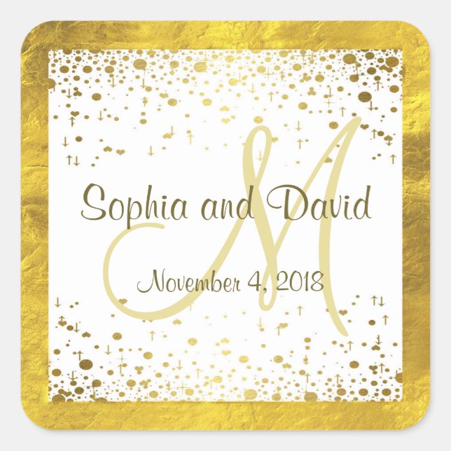 Wedding Invitations | Gold Confetti Monogram Square Sticker (Front)