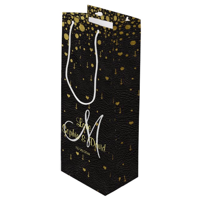 Wedding Invitations | Gold Confetti Monogram Wine Gift Bag (Front Angled)