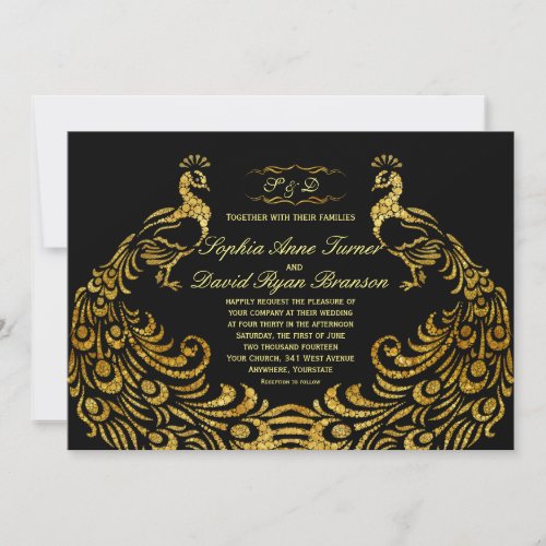 Wedding Invitations  Gold Peacock Black