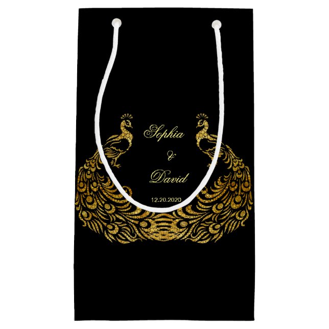 Wedding Invitations | Gold Peacock Black Favor Bag (Front)