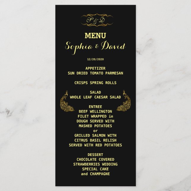Wedding Invitations | Gold Peacock Black Menu (Front)