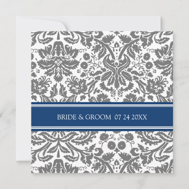 Wedding Invitations Grey Blue Damask Pattern (Front)