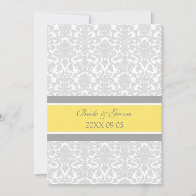 Wedding Invitations Lemon Gray White Damask (Front)