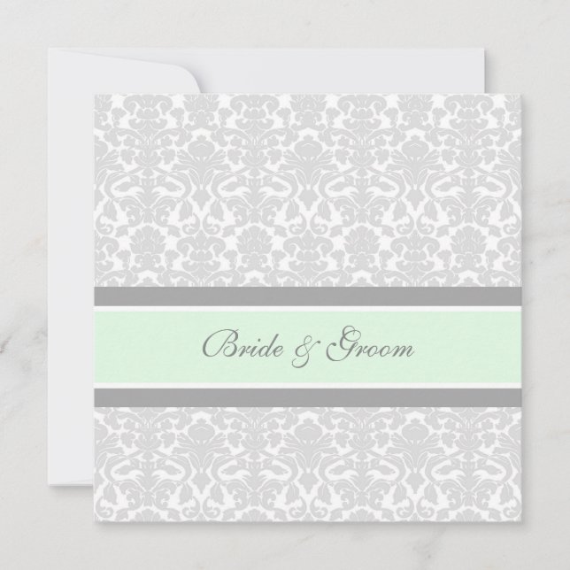 Wedding Invitations Mint Gray White Damask (Front)