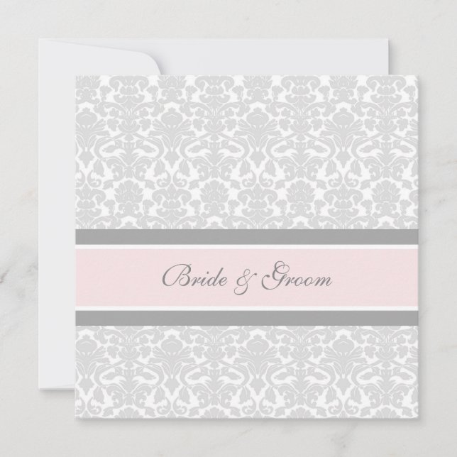 Wedding Invitations Pink Gray White Damask (Front)