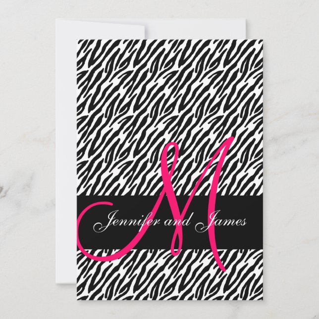 Wedding Invitations Pink Monogram Zebra Pattern (Front)