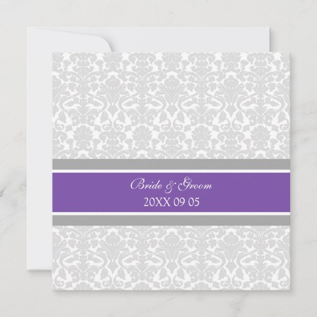 Wedding Invitations Plum Gray White Damask (Front)